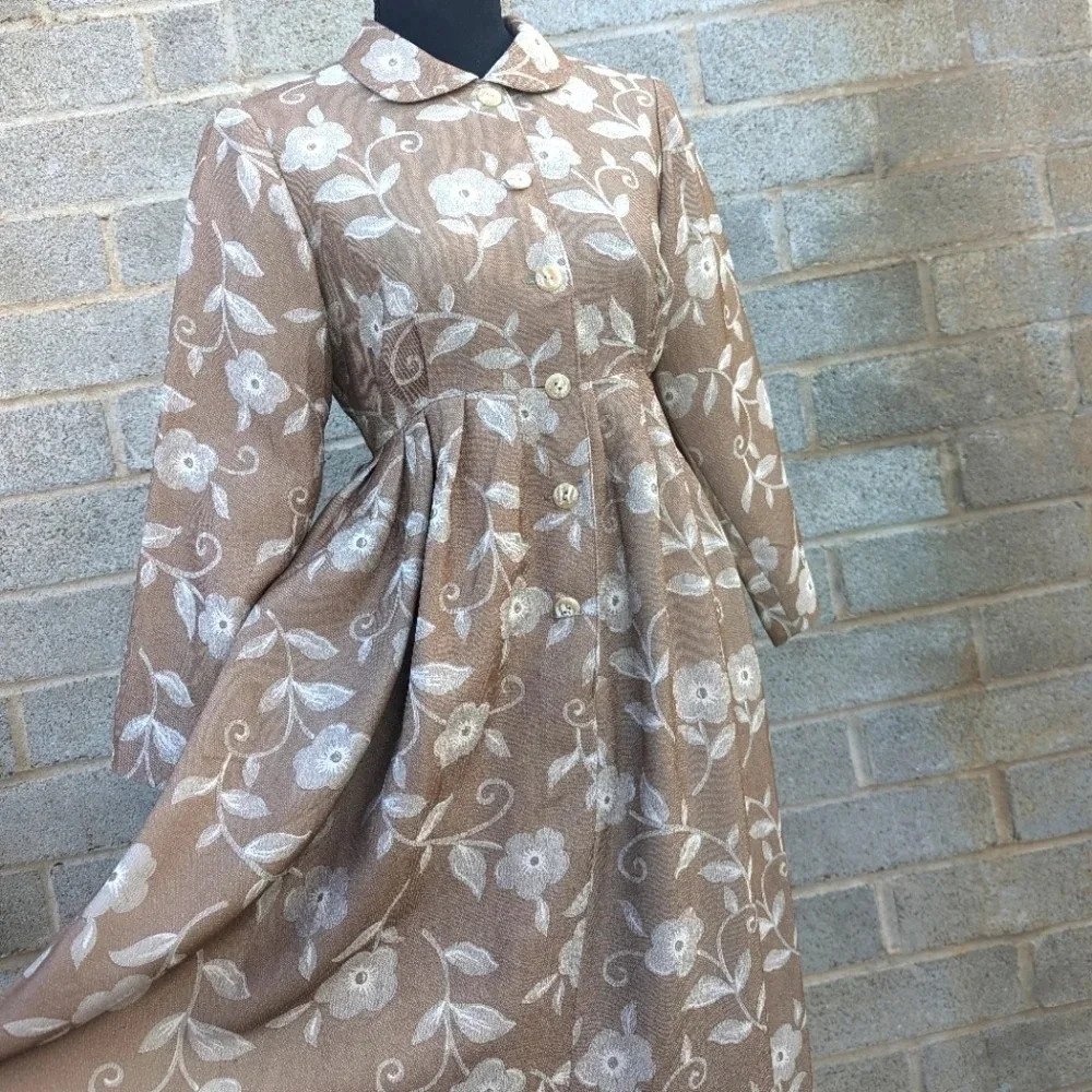 Cottagecore Dress- Mid-Century Style Collared Button Up Knee Length-Taupe floral